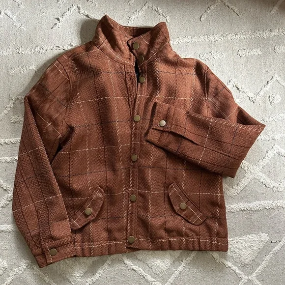 Vintage Funnel Neck Cropped Brown Plaid Jacket Coat - Picture 1 of 10